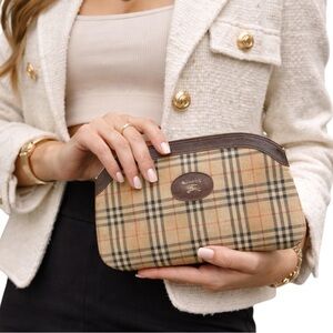 Burberry Nova Check Clutch Tan Coated Canvas Zip Pouch Vintage